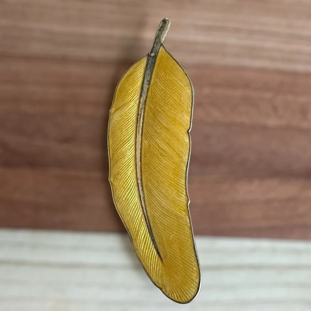 VTG E Dragsted Feather Brooch Pin 2.875 Inch Denmark Gold Enamel‎ Sterling 13.8g